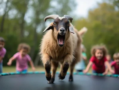Excited Goat Jumping On A Backyard Trampoline