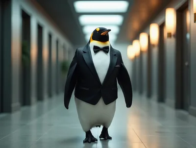 Penguin Wearing A Tuxedo Walking Down A Hotel Hallway