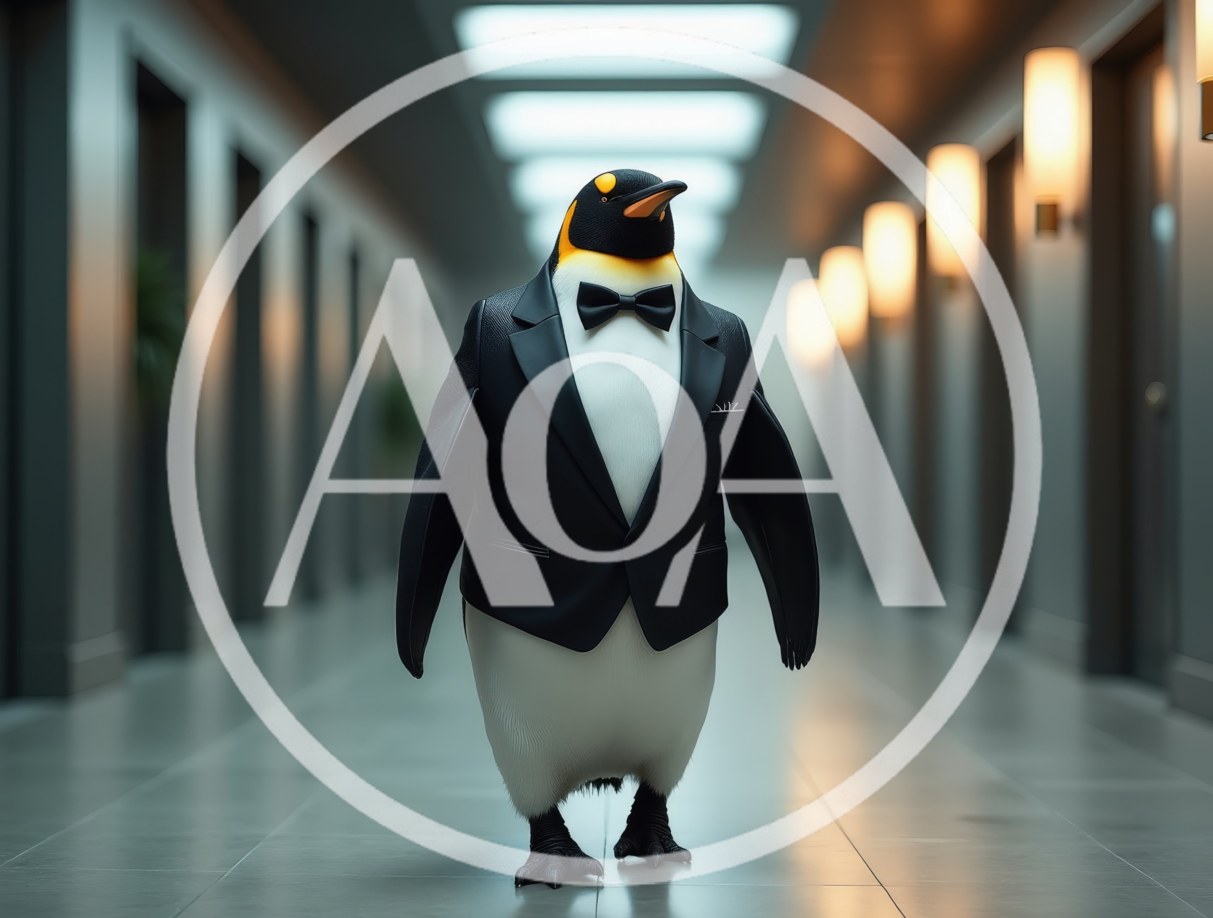Penguin Wearing A Tuxedo Walking Down A Hotel Hallway