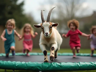 Goat Jumping on a Backyard Trampoline with Children