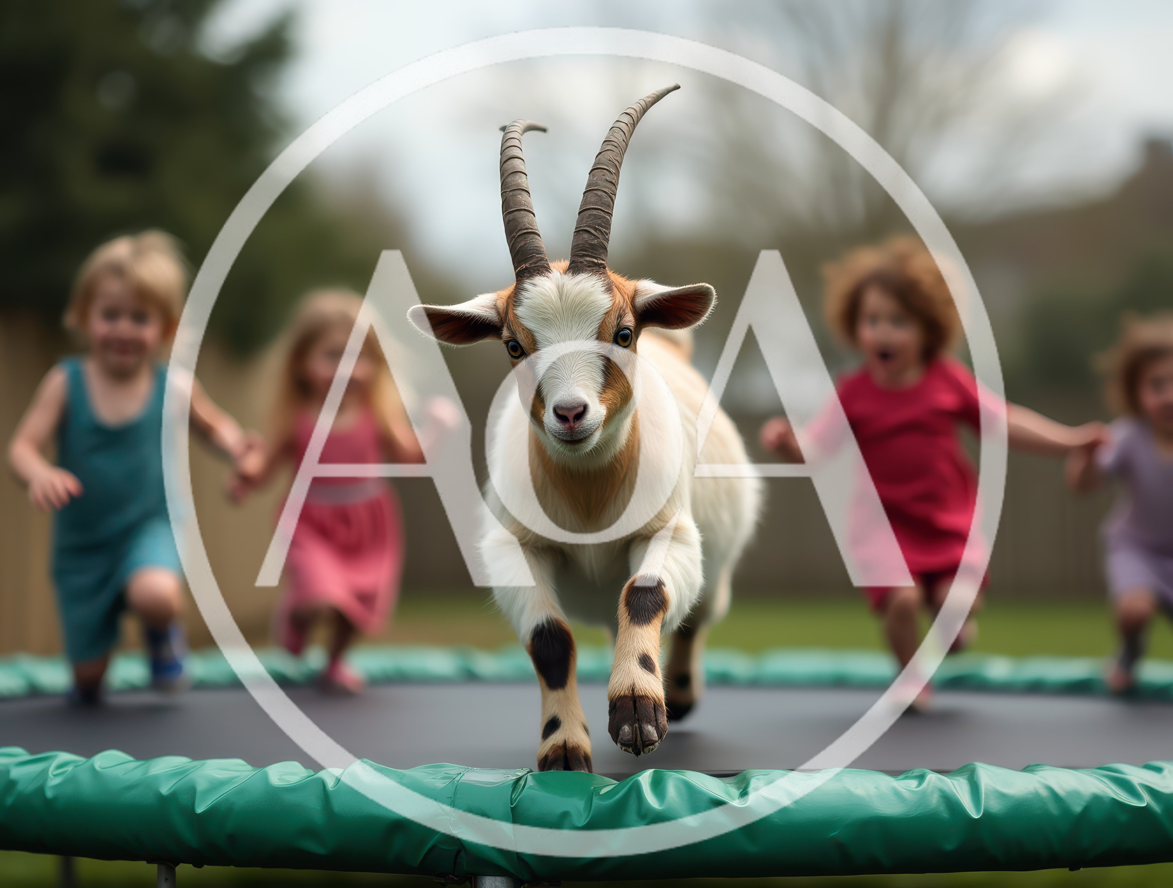 Goat Jumping on a Backyard Trampoline with Children