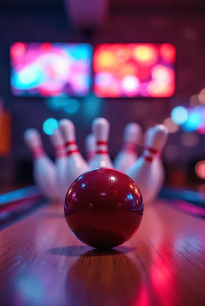 Red Bowling Ball Approaching Pins In Neon Alley