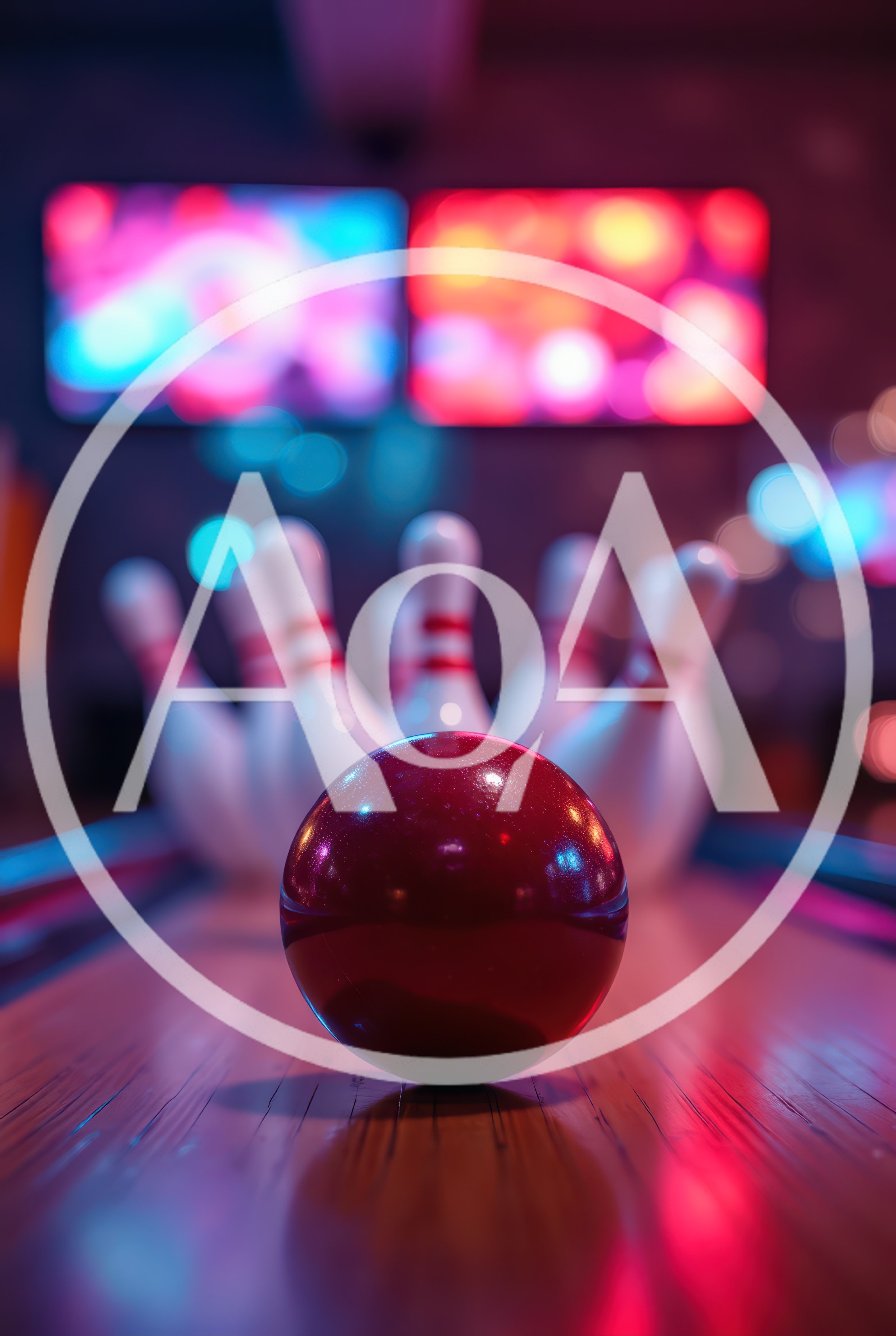 Red Bowling Ball Approaching Pins In Neon Alley