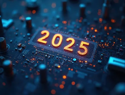 Glowing 2025 Digital Text on Futuristic Circuit Board