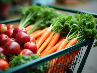 Fresh Carrots And Red Apples In Shopping Basket
