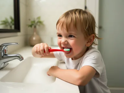 Toddler Brushing Teeth at Bathroom Sink