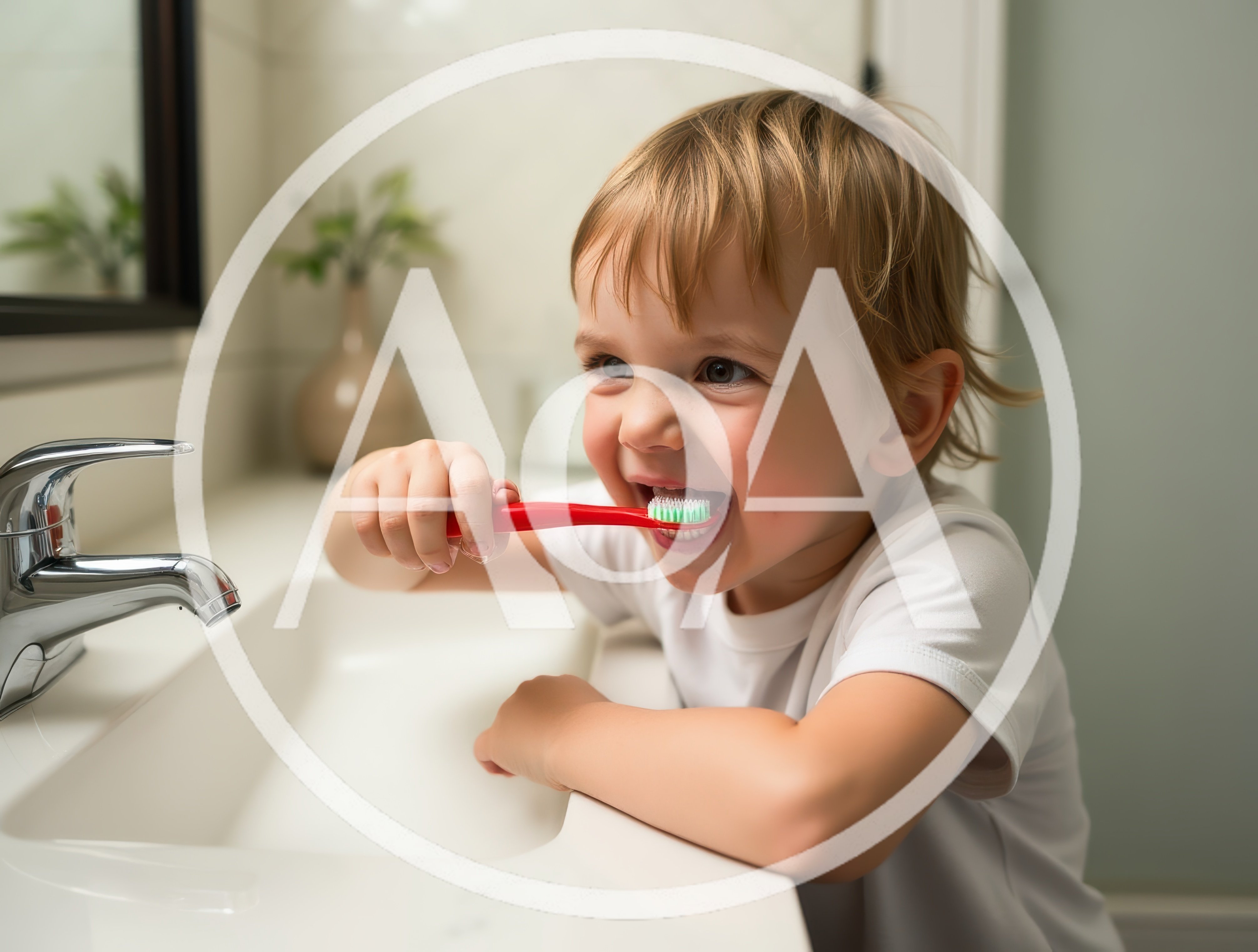 Toddler Brushing Teeth at Bathroom Sink