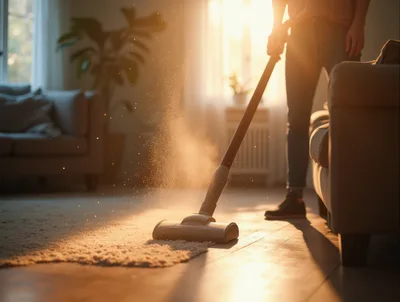 Person Vacuuming Carpet in Sunlit Living Room