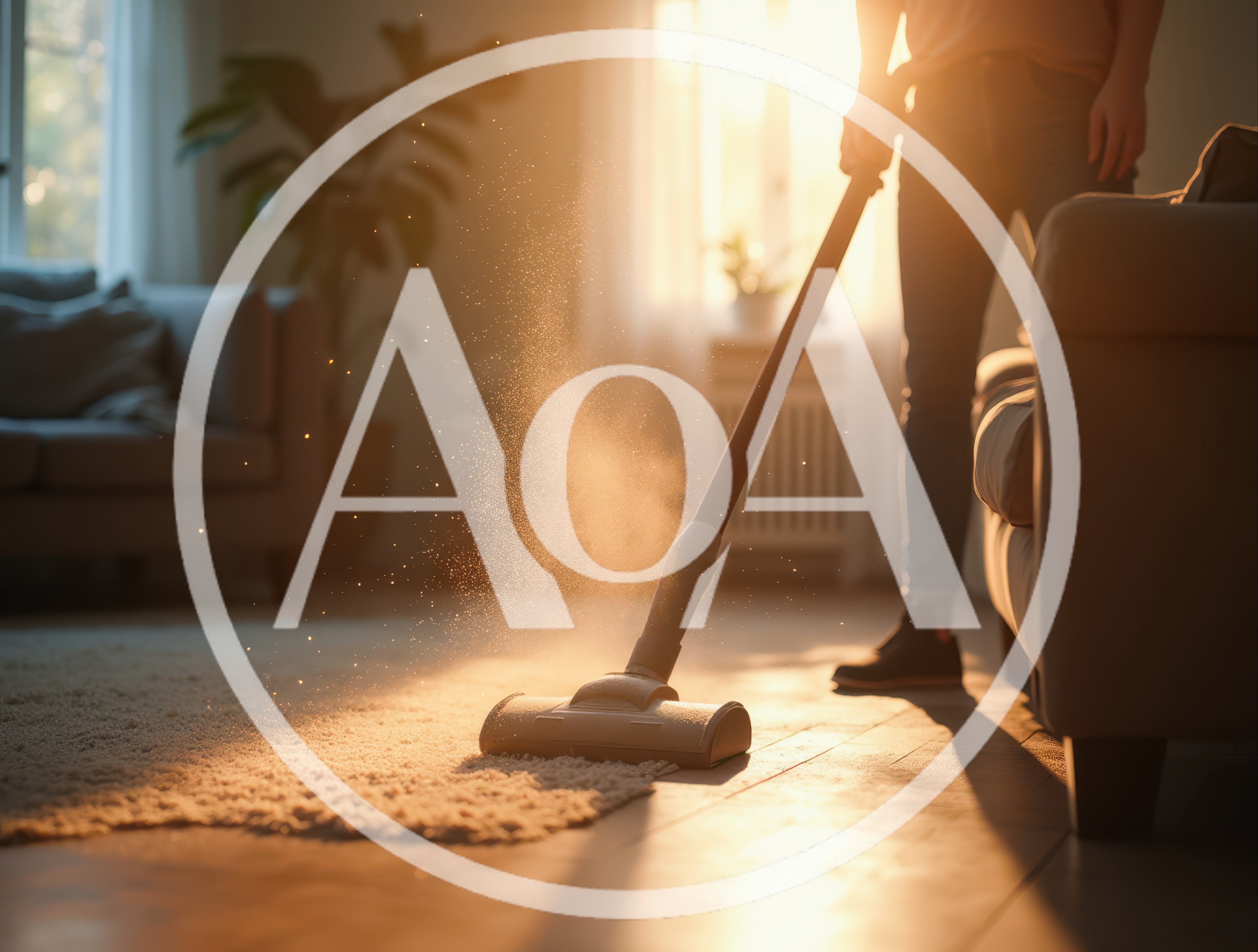 Person Vacuuming Carpet in Sunlit Living Room