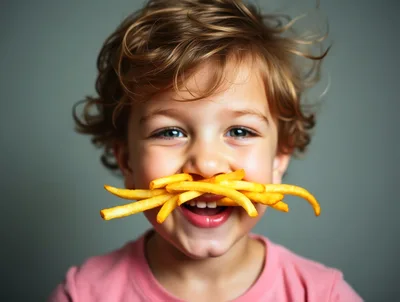 Happy Child Playing With French Fries As A Mustache