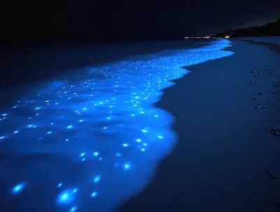 Bioluminescent Waves Glowing On A Dark Sandy Beach