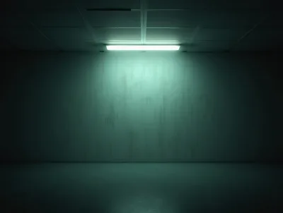 Empty Dimly Lit Industrial Room With Fluorescent Ceiling Light