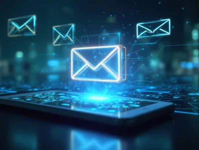 Digital Email Icons Floating Above Smartphone Screen
