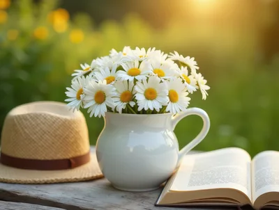 Daisies In A White Pitcher With A Straw Hat And Book
