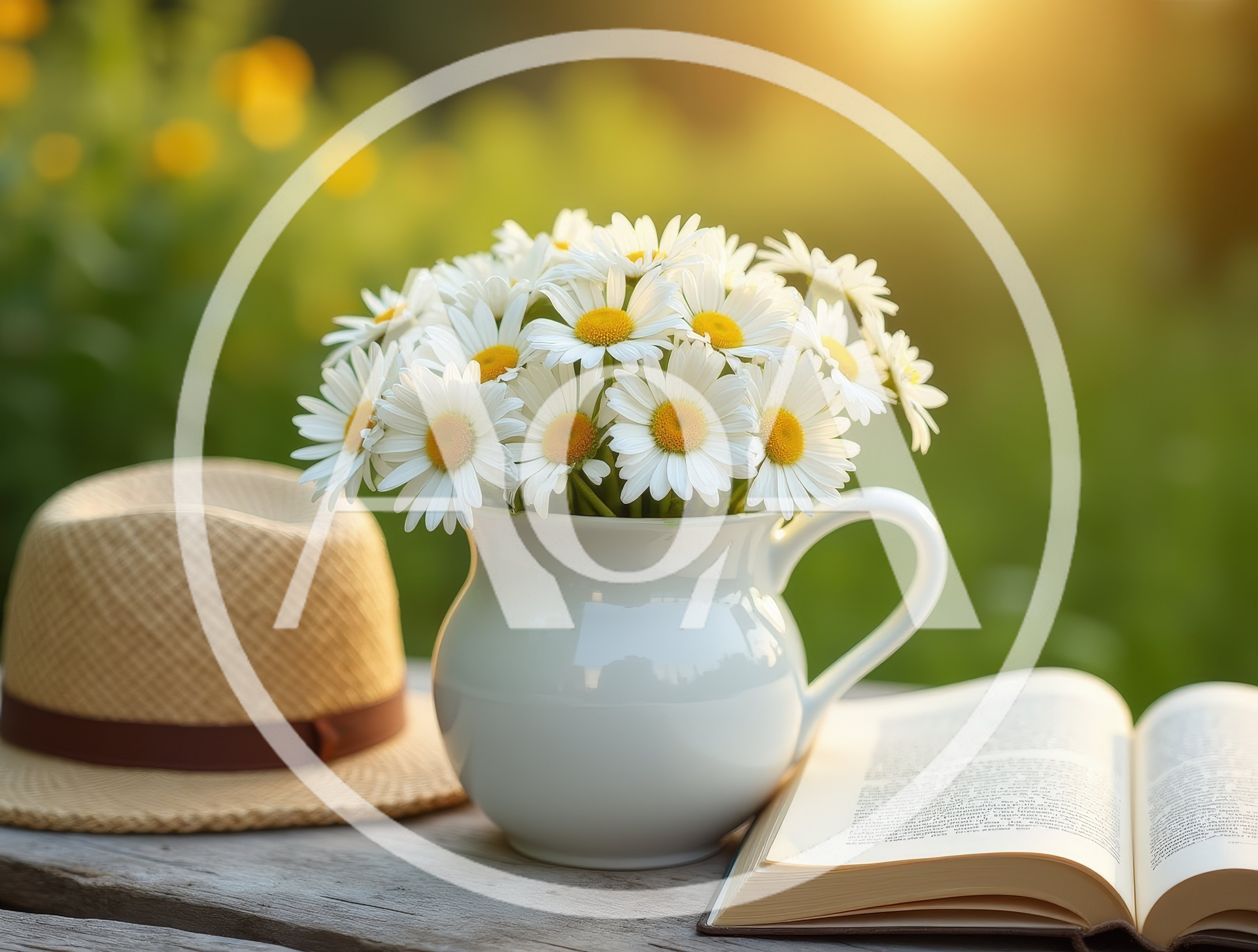 Daisies In A White Pitcher With A Straw Hat And Book