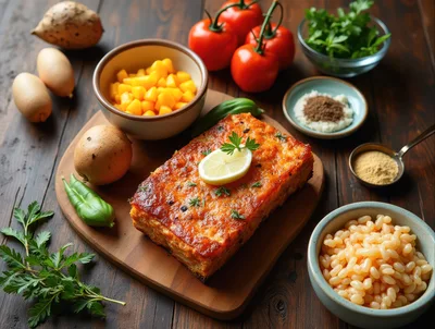 Baked Meatloaf Dish With Fresh Ingredients On Wooden Table
