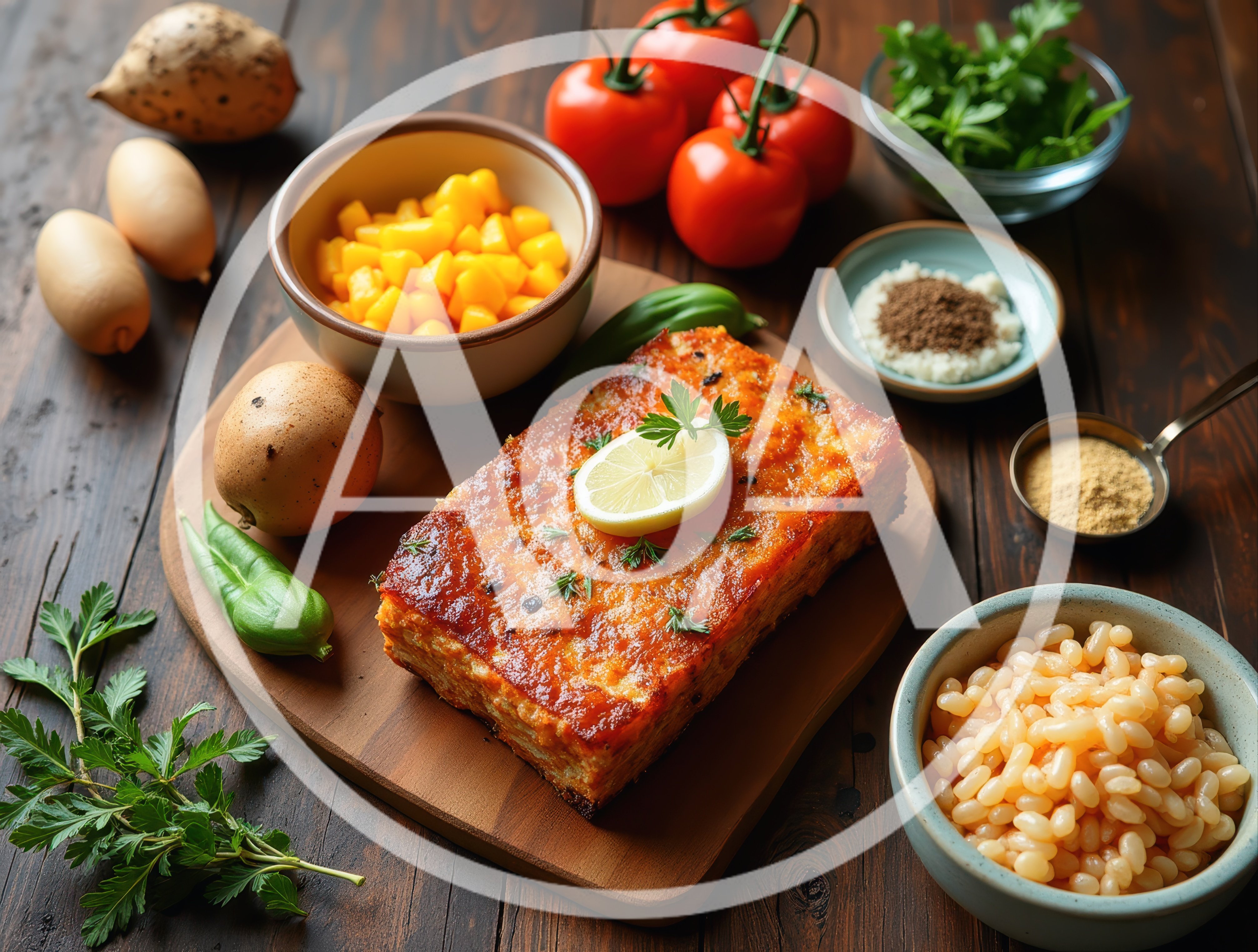 Baked Meatloaf Dish With Fresh Ingredients On Wooden Table
