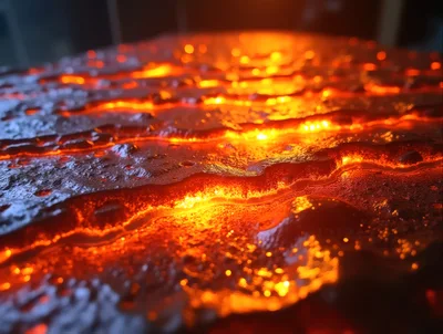 Molten Lava Flowing Over Dark Volcanic Rock Surface