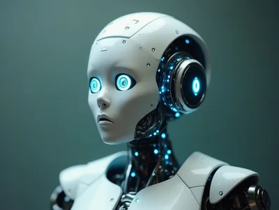 Futuristic Android Robot With Glowing Blue Eyes