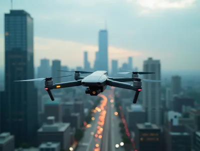 Modern Drone Flying Over A Busy City Skyline