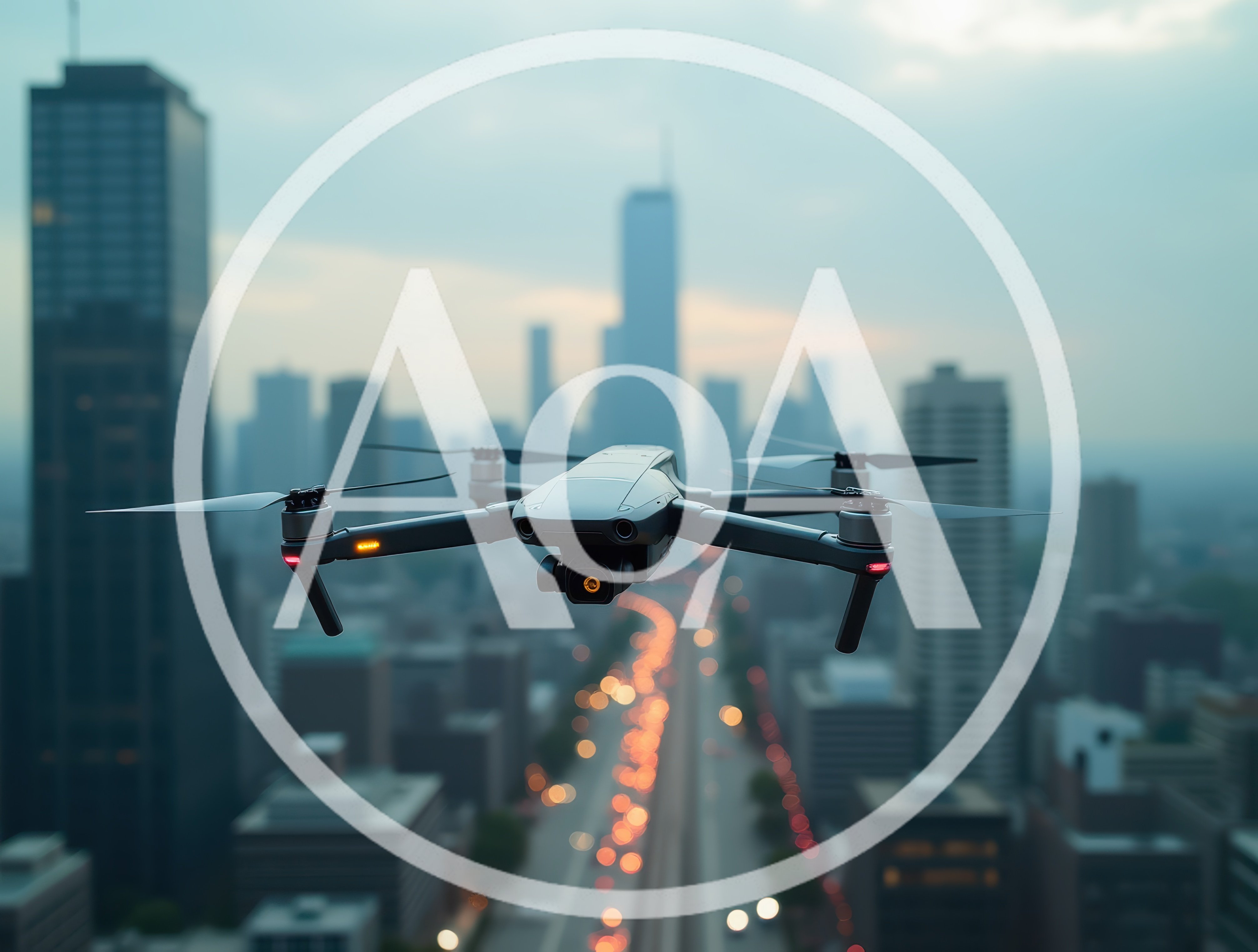 Modern Drone Flying Over A Busy City Skyline