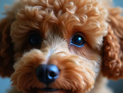 Close Up Portrait Of A Cute Curly Goldendoodle