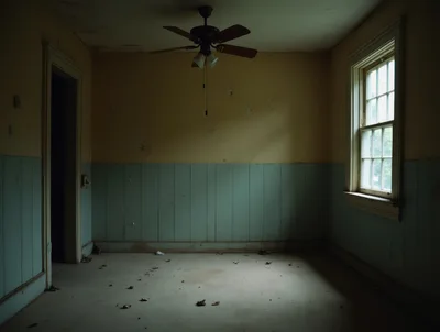 Empty Dilapidated Room With Ceiling Fan And Window