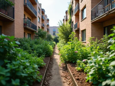 Narrow Garden Path Between Modern Brick Apartment Buildings