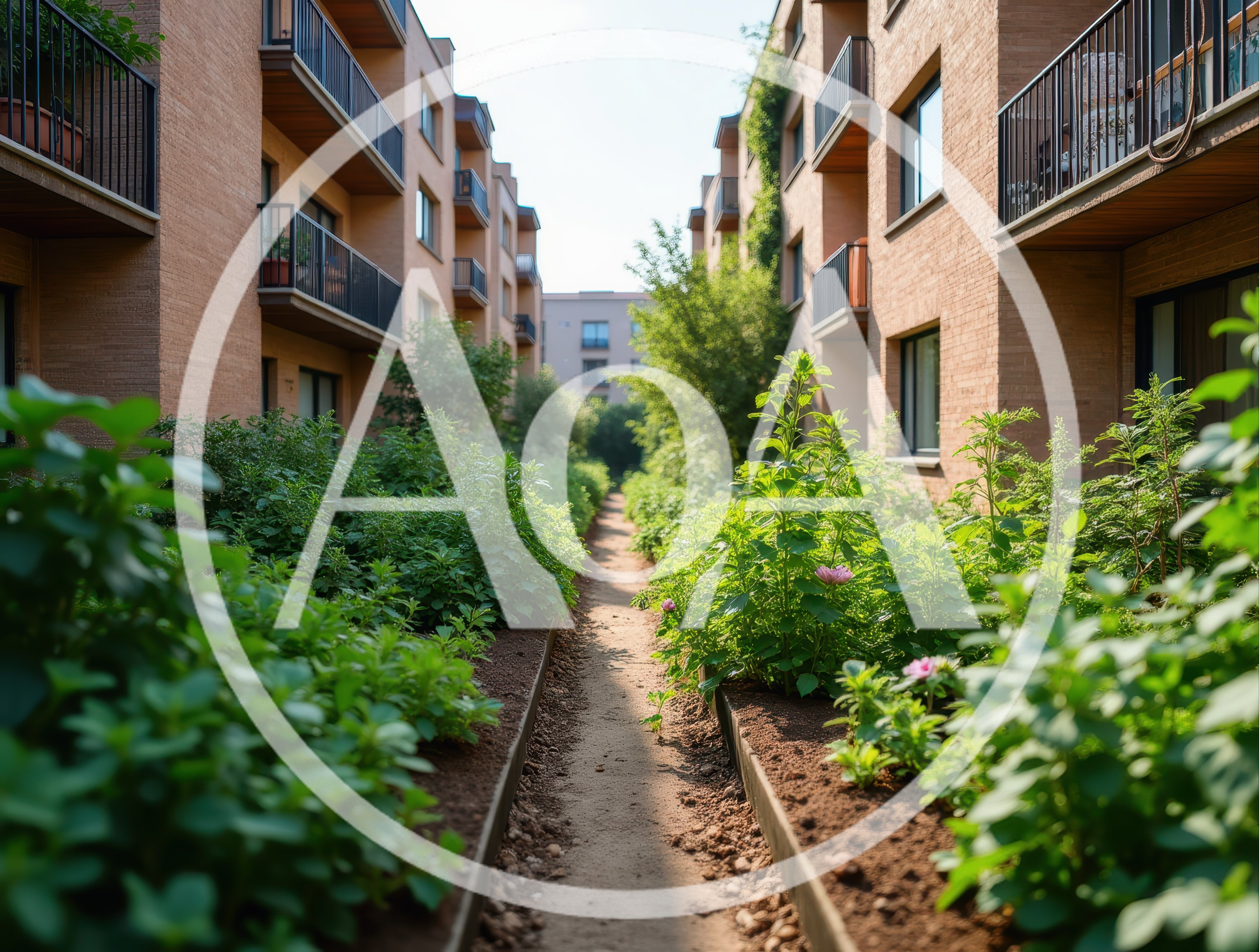 Narrow Garden Path Between Modern Brick Apartment Buildings