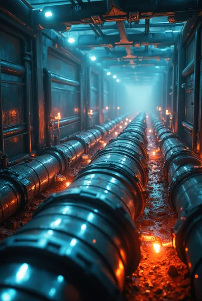 Futuristic Industrial Tunnel With Glowing Pipes And Lights