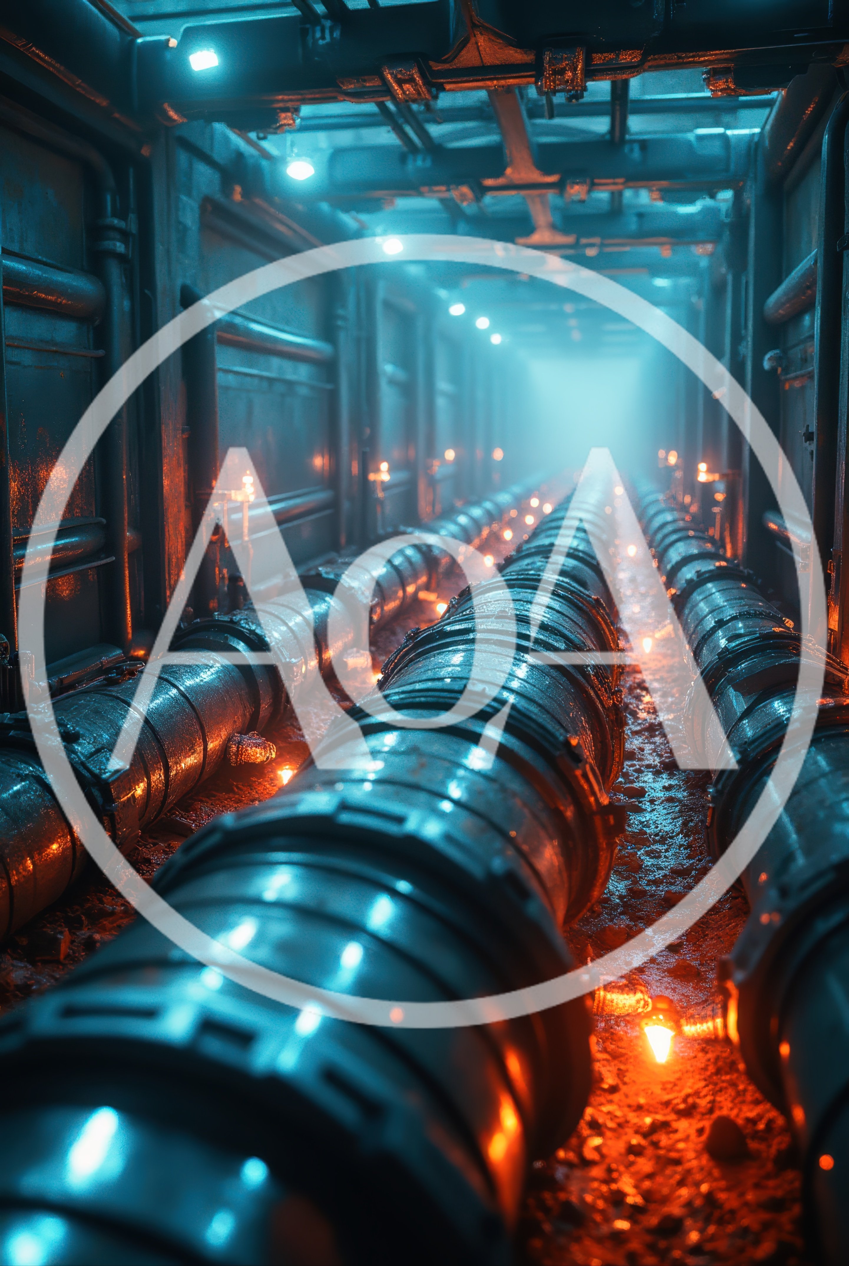 Futuristic Industrial Tunnel With Glowing Pipes And Lights