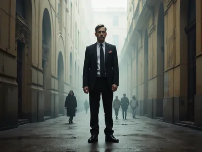 Man In Suit Standing In Foggy City Alleyway