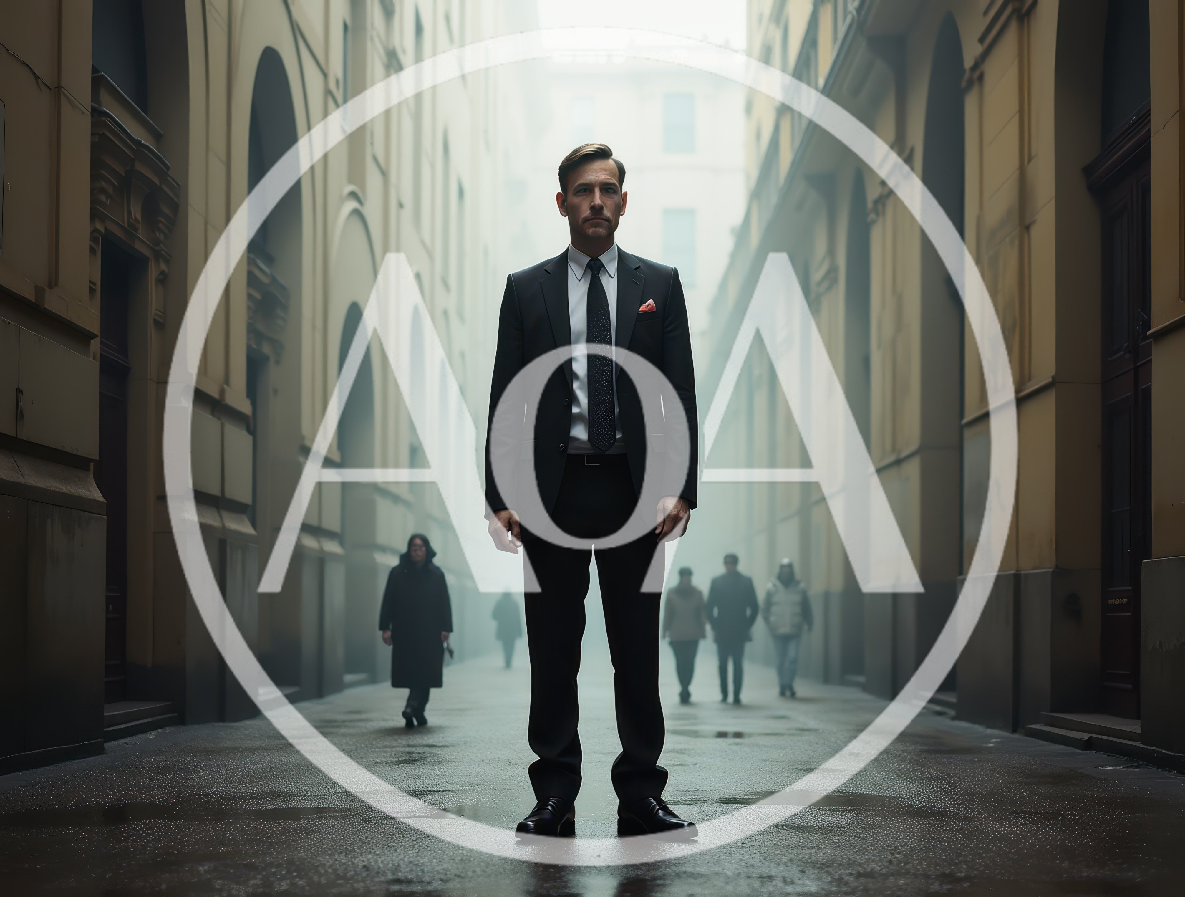 Man In Suit Standing In Foggy City Alleyway