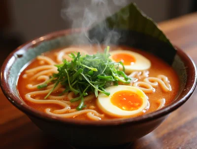 Steaming Bowl Of Spicy Ramen With Soft Boiled Eggs