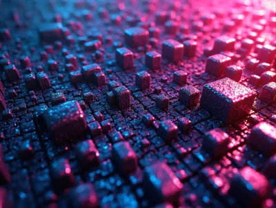 Abstract Digital Circuit Board With Glowing Neon Cubes