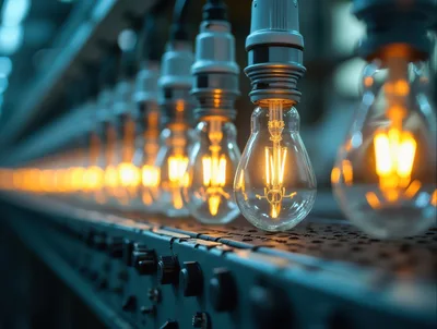 Light Bulbs Moving Along An Industrial Assembly Line