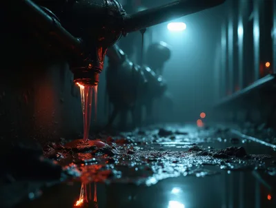 Industrial Pipe Leaking Glowing Red Liquid