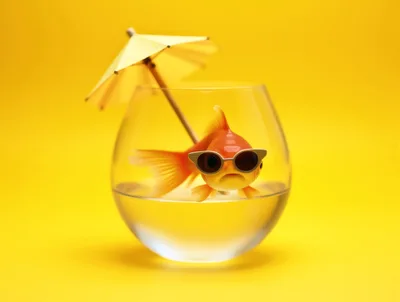 Goldfish Wearing Sunglasses in a Glass Bowl with Umbrella