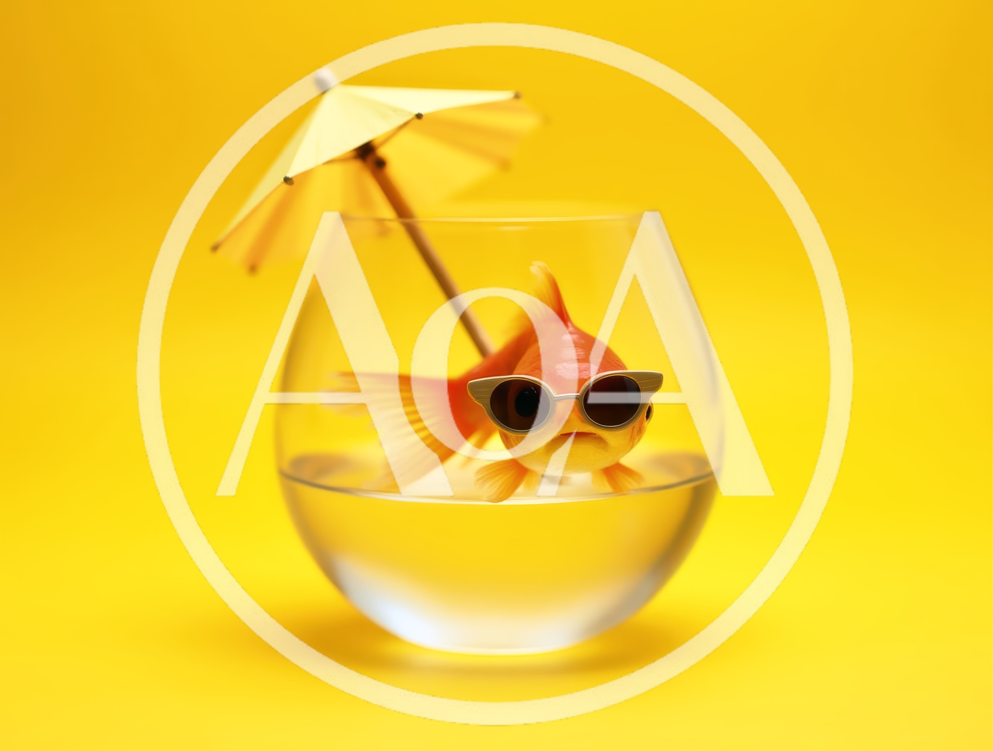 Goldfish Wearing Sunglasses in a Glass Bowl with Umbrella