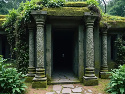 Ancient Stone Temple Entrance Overgrown With Moss