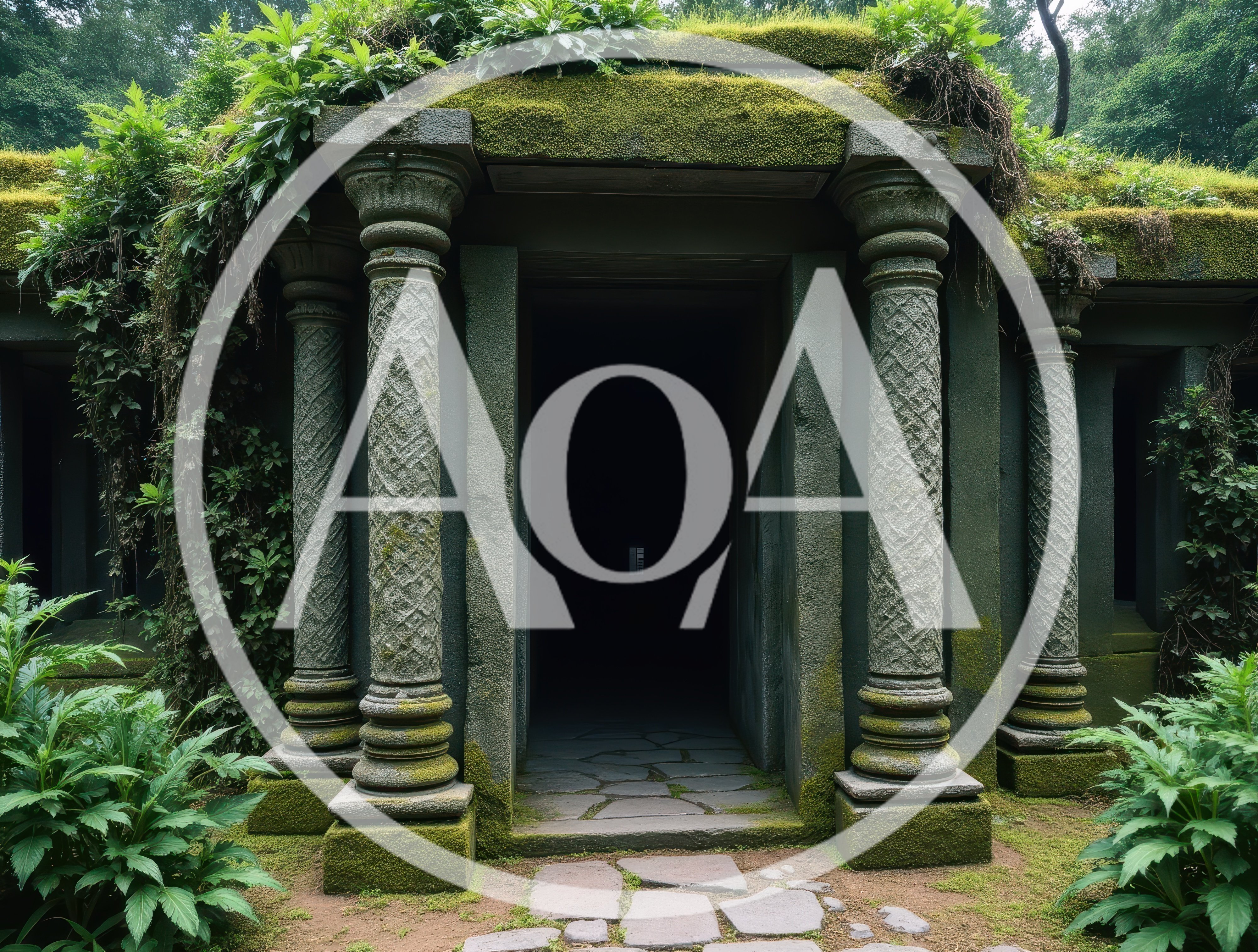 Ancient Stone Temple Entrance Overgrown With Moss