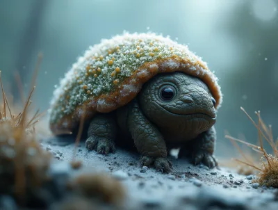 Cute Small Turtle With Mossy Shell In Frosty Environment