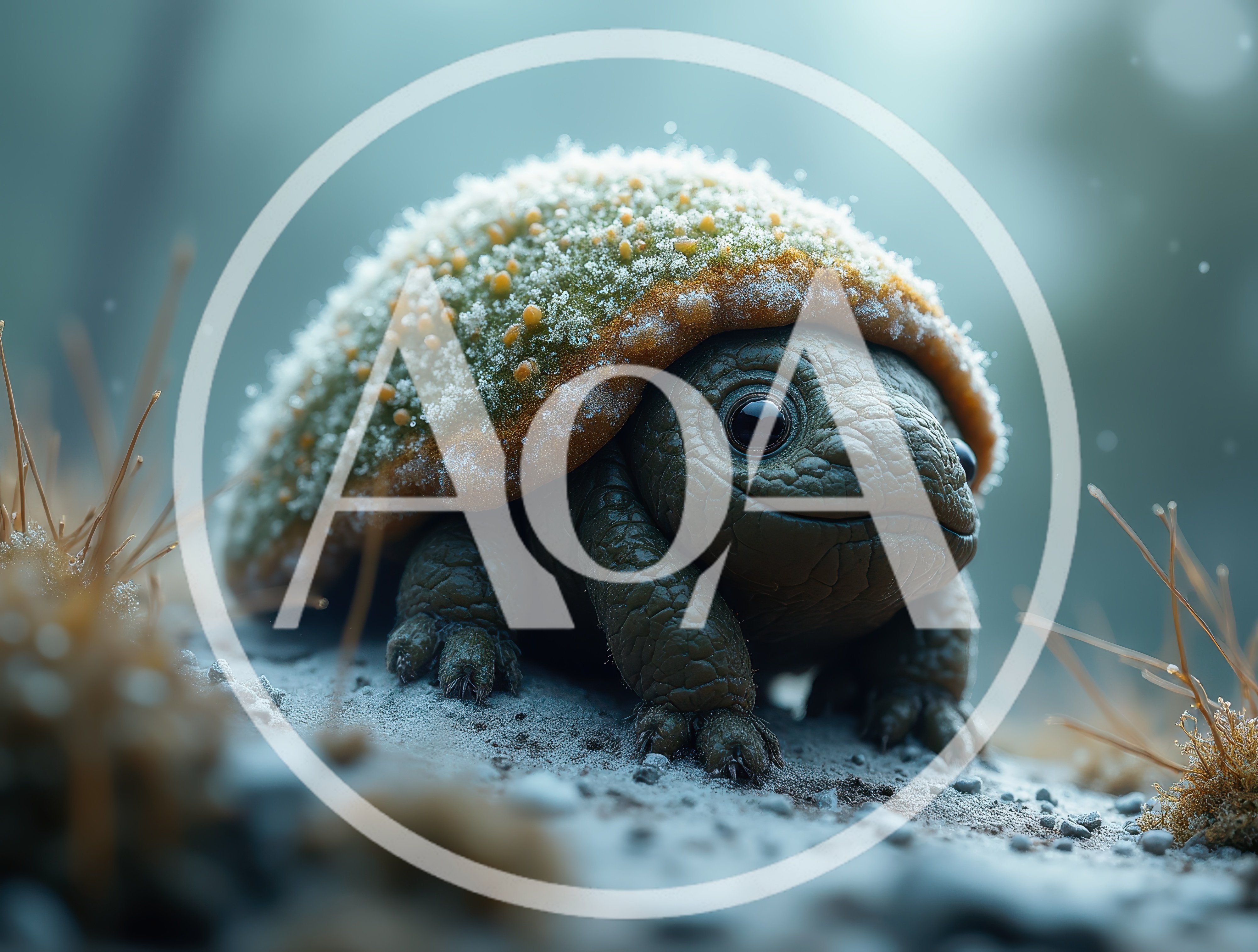 Cute Small Turtle With Mossy Shell In Frosty Environment