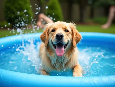 Happy Golden Retriever Playing In A Blue Kiddie Pool