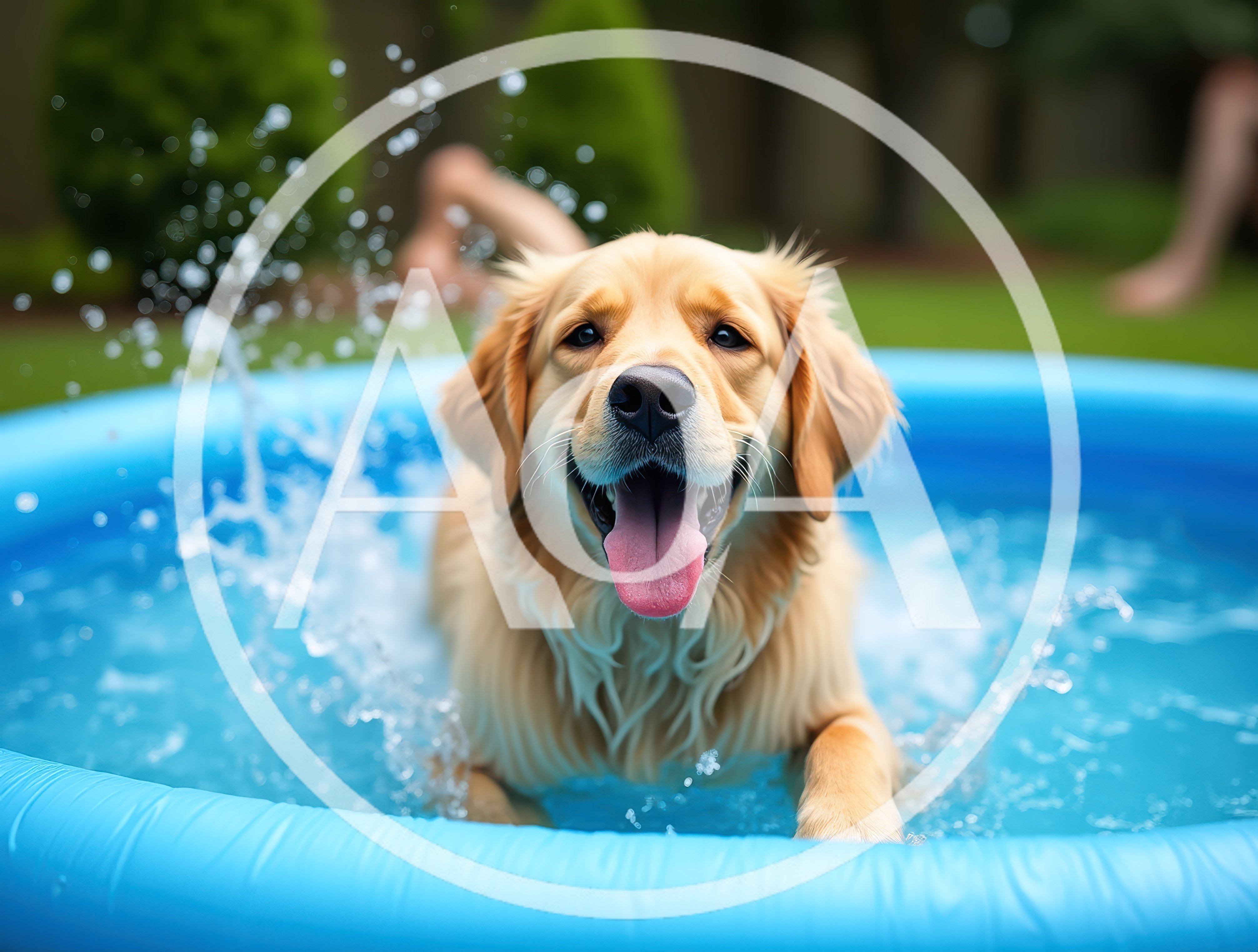 Happy Golden Retriever Playing In A Blue Kiddie Pool