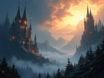 Fantasy Gothic Castles In Misty Mountain Landscape