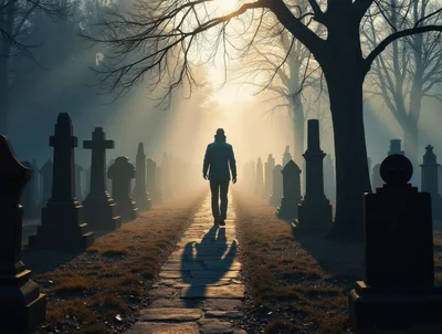 Lone Man Walking Through A Misty Cemetery