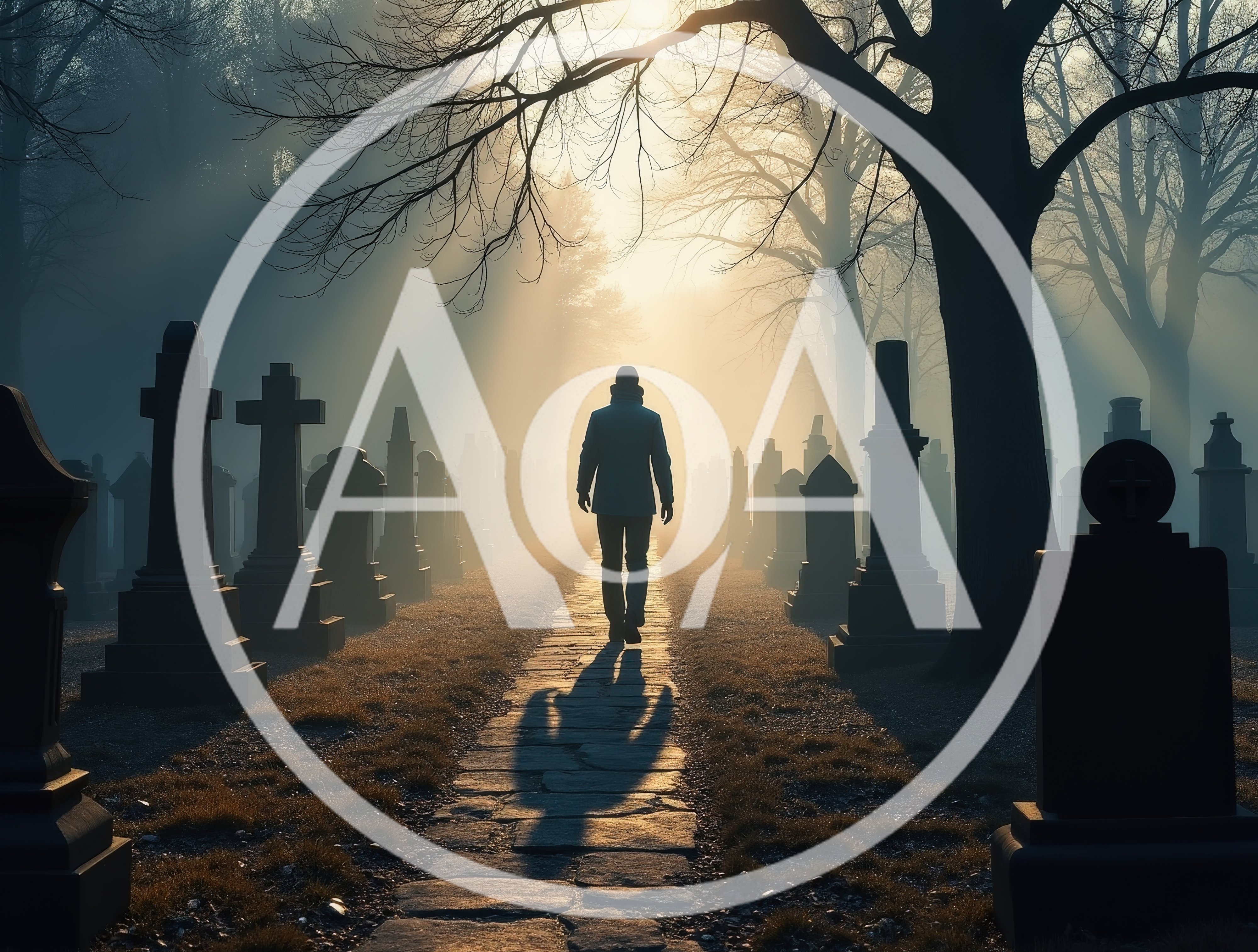 Lone Man Walking Through A Misty Cemetery