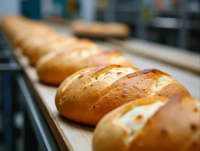 Freshly Baked Loaves Of Bread On A Bakery Conveyor