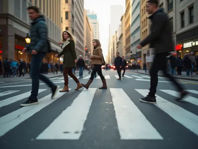 Pedestrians Crossing Busy City Street During Rush Hour